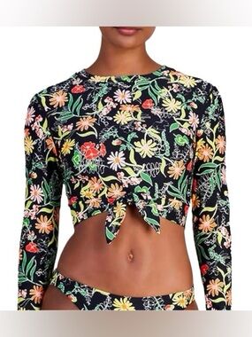 Kate Spade Large Rooftop Floral Swim Rash Guard Long Sleeve Cropped Beach Resort